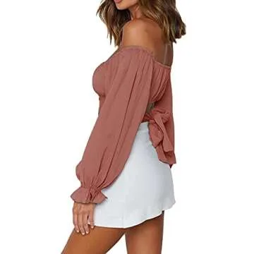 LYANER Off Shoulder Long Sleeve Tie Knot Crop Top