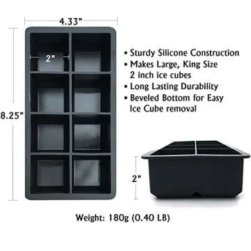 Froz Silicone Ice Cube Trays 2 Pack - Makes 8 Big 2 Inch Square Ice Cubes for Whiskey and Cocktails - Large King Size Mold for Freezer
