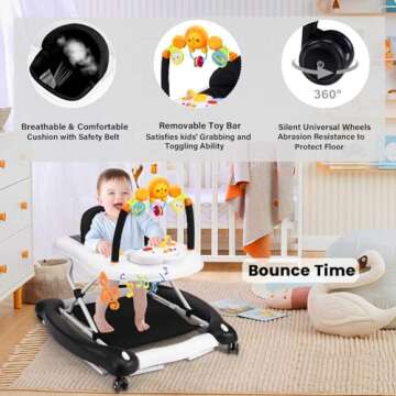 Boyro Baby Baby Walker, 5-in-1 Baby Walkers for Boys and Girls 6-12 Months with Bouncer, Removable Footrest, Feeding Tray & Music, Foldable & Adjustable Activity Walker for 6-18 Months Toddler Infant