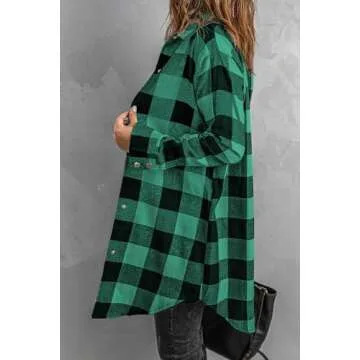 EVALESS Womens Fall Clothes Fashion 2024 Casual Color Block Plaid Shirts Button Down Long Sleeve V Neck Outfits Jacket with Pocket Green Medium