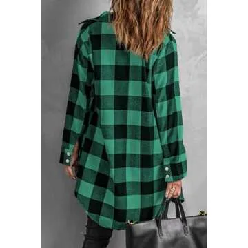 EVALESS Womens Fall Clothes Fashion 2024 Casual Color Block Plaid Shirts Button Down Long Sleeve V Neck Outfits Jacket with Pocket Green Medium