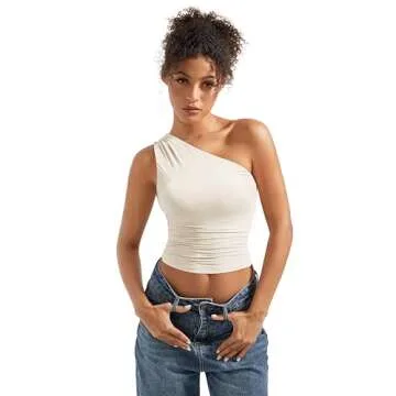 SUUKSESS Women Double Lined Going Out Trendy Crop Tops One Shoulder Ruched Casual Sleeveless Shirts ...