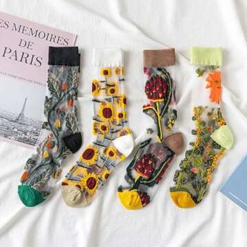 Alafime 8 Pairs Sheer Socks for Women Vintage Embroidered Floral Socks Coquettish Aesthetic Mesh Soc...