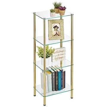 mDesign Tall 4-Tier Glass and Metal Freestanding Shelf Organizer Display Unit - Narrow Shelves for Bathroom, Kitchen, Bedroom, Office - Open Shelving for Book, Towel, and Handbags - Soft Brass/Clear