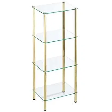 mDesign Tall 4-Tier Glass and Metal Freestanding Shelf Organizer Display Unit - Narrow Shelves for Bathroom, Kitchen, Bedroom, Office - Open Shelving for Book, Towel, and Handbags - Soft Brass/Clear