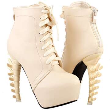 SHOW STORY Punk Lace Up Back Zip High-top Bone High Heel Platform Ankle Boots,LF80647