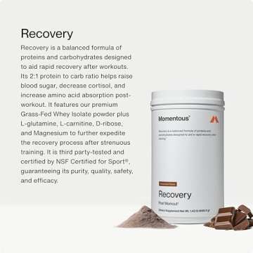 Momentous Recovery Grass-Fed Whey Protein Powder - 20g Post-Workout Whey Isolate Protein - NSF Certified, Gluten-Free, 15 Servings, Chocolate (Package May Vary)