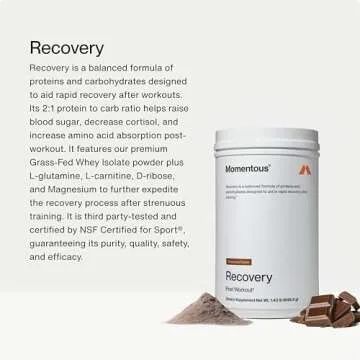 Momentous Recovery Grass-Fed Whey Protein Powder - 20g Post-Workout Whey Isolate Protein - NSF Certified, Gluten-Free, 15 Servings, Chocolate (Package May Vary)
