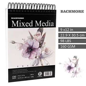 Bachmore Sketchpad 100 Sheet, Watercolor, Acrylic Art Pad for Sketching, Ink Sketch Book, Coloring Notebook - 98 Ib/160 g/m2 in Multi-Media Spiral Notebook, Drawing Paper, Drawing Pad (9'' X 12'')