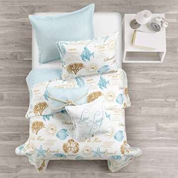 Lush Decor Harbor Life Reversible Quilt Set, 5 Piece Set, Twin/Twin XL, Blue & Taupe - Striped Nauti...