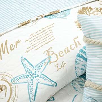 Lush Decor Harbor Life Reversible Quilt Set, 5 Piece Set, Twin/Twin XL, Blue & Taupe - Striped Nautical Quilt - Coastal Bedding Set With Throw Pillows - Beach Decor For Kids Bedroom Or Teens Dorm Room