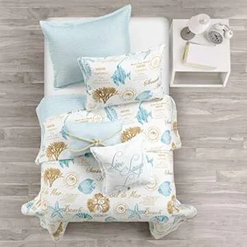 Lush Decor Harbor Life Reversible Quilt Set, 5 Piece Set, Twin/Twin XL, Blue & Taupe - Striped Nautical Quilt - Coastal Bedding Set With Throw Pillows - Beach Decor For Kids Bedroom Or Teens Dorm Room