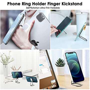 Phone Ring Holder Finger Kickstand, 360° Rotation Cell Phone Ring Holder Stand Metal Phone Back Grip for Magnetic Car Mount Foldable Cell Phone Stand Compatible with Most Smartphones