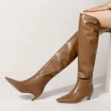 Women's Stylish Square Toe Matte Leather Slip On Autumn Winter Wide Calf Comfort Slouch Low Kitten Heel Dress Over The Knee High Boots Brown Size 6
