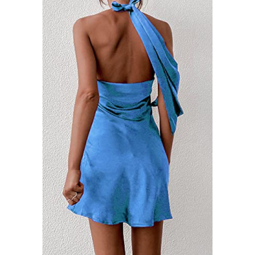 Cantonwalker Women's Cowl Neck Halterneck Satin Mini Dress