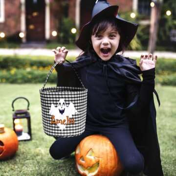 Magic Lunar Personalized Halloween Trick or Treat Bag with Name, Custom Candy Basket, Costume Ghost Bat Pumpkin Bucket, Gift Goodie Bags for Kids