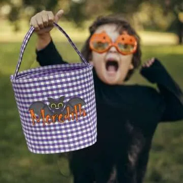 Magic Lunar Personalized Halloween Trick or Treat Bag with Name, Custom Candy Basket, Costume Ghost Bat Pumpkin Bucket, Gift Goodie Bags for Kids