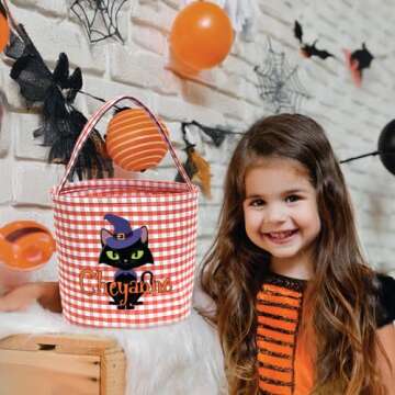 Magic Lunar Personalized Halloween Trick or Treat Bag with Name, Custom Candy Basket, Costume Ghost Bat Pumpkin Bucket, Gift Goodie Bags for Kids