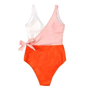 SweatyRocks Women's Sexy V Neck Tie Front Color Block One Piece Swimsuit Monokini Orange Medium