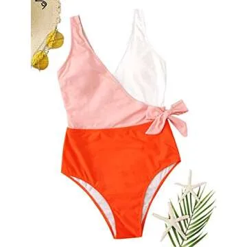 SweatyRocks Women's Sexy V Neck Tie Front Color Block One Piece Swimsuit Monokini Orange Medium