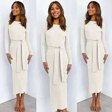 ANRABESS Womens Long Sleeve Sweater Dress Crew Neck Slim Fit Slit Tie Waist 2025 Ribbed Knit Bodycon Midi Dress Fall Outfits 623mibai-M White