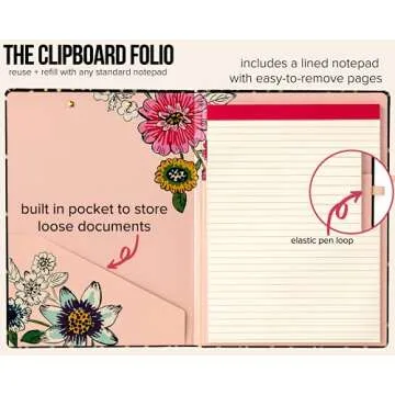 Vera Bradley Clipboard Folio with Refillable Lined Notepad, Black Padfolio with Interior Pocket and ...
