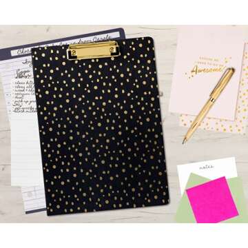 Vera Bradley Clipboard Folio with Refillable Lined Notepad, Black Padfolio with Interior Pocket and Pen Loop, Midnight Gold Dots