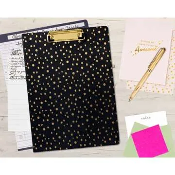 Vera Bradley Clipboard Folio with Refillable Lined Notepad, Black Padfolio with Interior Pocket and Pen Loop, Midnight Gold Dots