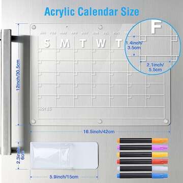 Acrylic Magnetic Dry Erase Board Calendar for Fridge, 16.5"x12" Inch Clear Dry Erase Calendar for Re...