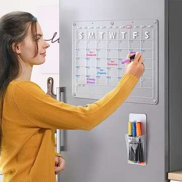 Acrylic Magnetic Dry Erase Board Calendar for Fridge, 16.5"x12" Inch Clear Dry Erase Calendar for Refrigerator, Magnetic Planning Calendar Includes 6 Colors Dry Erase Markers and Magnetic Pen Holder