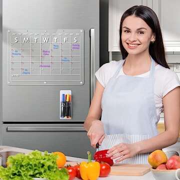 Acrylic Magnetic Dry Erase Board Calendar for Fridge, 16.5"x12" Inch Clear Dry Erase Calendar for Refrigerator, Magnetic Planning Calendar Includes 6 Colors Dry Erase Markers and Magnetic Pen Holder