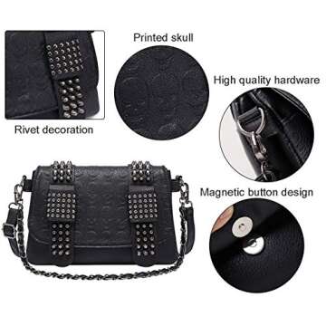 BelonYou Women Punk Skull Shoulder Top-Handle Bag Goth Rivet Purse Handbag PU Leather Chain Satchel Tote Black
