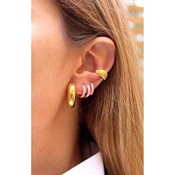 Small Gold Hoop Earrings Set, 18K Gold Plated Enamel Colorful Hoop Earrings 6 Pairs Colored Small Go...