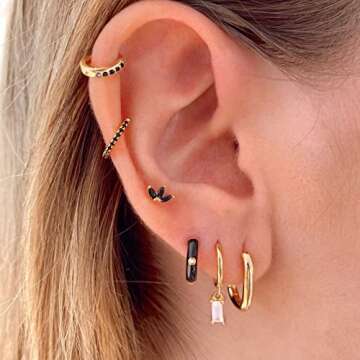 Small Gold Hoop Earrings Set, 18K Gold Plated Enamel Colorful Hoop Earrings 6 Pairs Colored Small Gold Huggie Hoop Earrings 10mm, Tiny and Chic Enamel Earrings for Women Girls