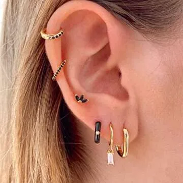 Small Gold Hoop Earrings Set, 18K Gold Plated Enamel Colorful Hoop Earrings 6 Pairs Colored Small Gold Huggie Hoop Earrings 10mm, Tiny and Chic Enamel Earrings for Women Girls