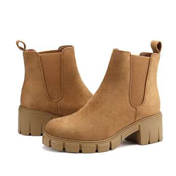 starmerx Women Platform Ankle Boots Elastic Chelsea Boots Mid Heel Slip on Booties (7,Lt.Brown)