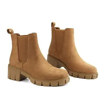 starmerx Women Platform Ankle Boots Elastic Chelsea Boots Mid Heel Slip on Booties (7,Lt.Brown)