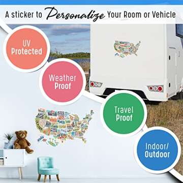 RV State Sticker Travel Map of The United States | 50 States Stickers of US | Vinyl Decal Bumper Sticker for RVs | USA States Stickers for Camper Trailer Accessories RV Map of States Visited