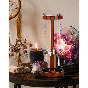 Ceiner Moon Phase Pendulum Display Stand with Tray, Wood Wiccan Rotating Crystal Holder for Up 16 Di...