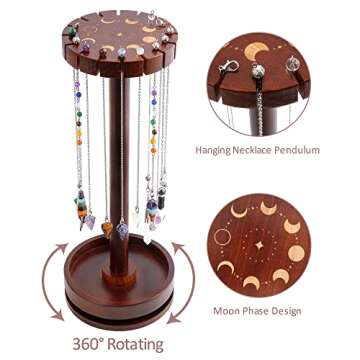 Ceiner Moon Phase Pendulum Display Stand with Tray, Wood Wiccan Rotating Crystal Holder for Up 16 Divination Dowsing Pendulums, Witch Organizer for Necklace Healing Stone Gift Rack