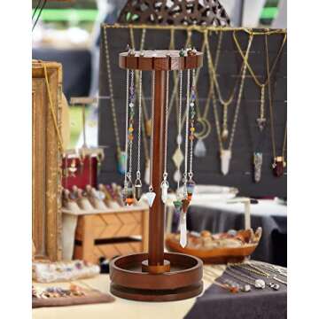 Ceiner Moon Phase Pendulum Display Stand with Tray, Wood Wiccan Rotating Crystal Holder for Up 16 Divination Dowsing Pendulums, Witch Organizer for Necklace Healing Stone Gift Rack