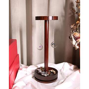 Ceiner Moon Phase Pendulum Display Stand with Tray, Wood Wiccan Rotating Crystal Holder for Up 16 Divination Dowsing Pendulums, Witch Organizer for Necklace Healing Stone Gift Rack