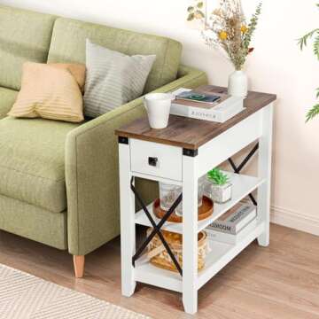 Awescuti Narrow End Table Set of 2 with Charging Station - Farmhouse Style, USB Ports & Flip Top Sto...