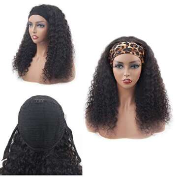 VIVIBABI Human Hair Headband Wigs Deep Water Wave None Lace Front Wigs 18 Inch Glueless Wig 180% Density Brazilian Virgin Human Hair Headband Wigs for Women Natural Color