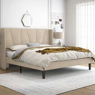 HOOMIC Queen Size Bed Frame with Geometric Wingback Headboard, Wooden Slats Support, No Box Spring Needed, Modern Style, Beige