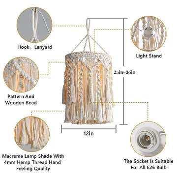 Bioaqua Boho Lamp Shade,Boho Hanging Lamp Handmade Macrame Lamp Shade Plug in Pendant Light,Bohemian Hanging Lights with Plug in Cord Light Fixtures for Boho Bedroom Decor Living Room (Type 3)