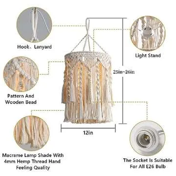 Bioaqua Boho Lamp Shade,Boho Hanging Lamp Handmade Macrame Lamp Shade Plug in Pendant Light,Bohemian Hanging Lights with Plug in Cord Light Fixtures for Boho Bedroom Decor Living Room (Type 3)