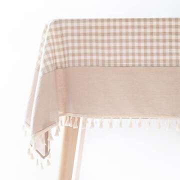 MONDAY MOOSE Gingham Checkered Farmhouse Rustic Style Rectangle Stonewashed Cotton Tablecloth with F...