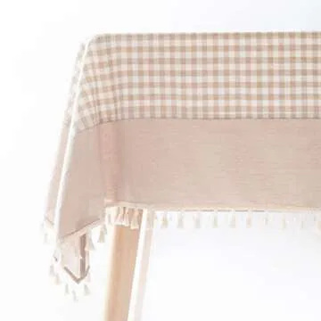 MONDAY MOOSE Gingham Checkered Farmhouse Rustic Style Rectangle Stonewashed Cotton Tablecloth with F...