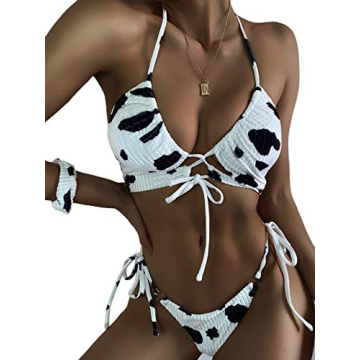 Newfancy Women's Lace-up Cow Print Bikini Set – Adjustable Swimsuit for Beach & Festivals